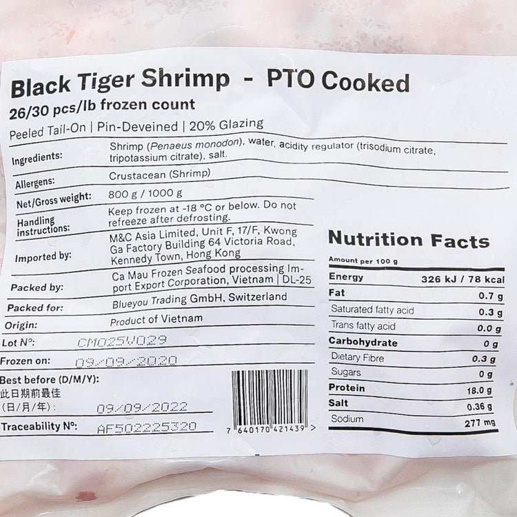 SELVA SHRIMP Vietnamese Frozen Cooked Black Tiger Prawn 26/30 (Tail On) - ASC  (800g)